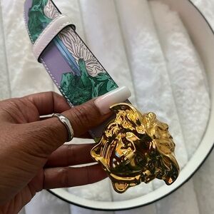 Versace reversible Gold Lion Buckle Belt with Green and White Strap